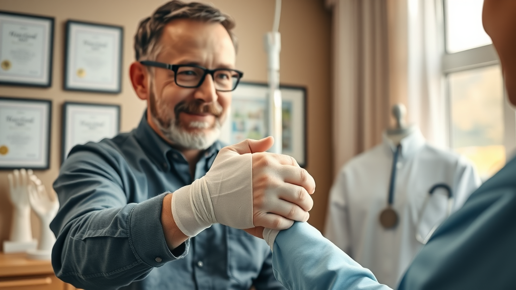 Patient and surgeon connecting after hand surgery expertise restores hand function.