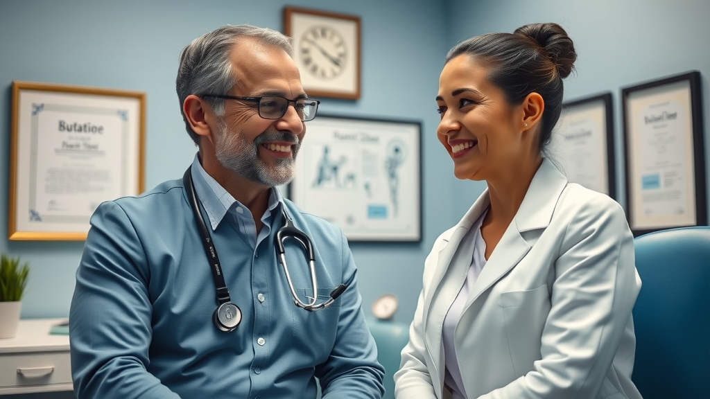 Plastic surgeon and patient discussing body contouring solutions during consultation.