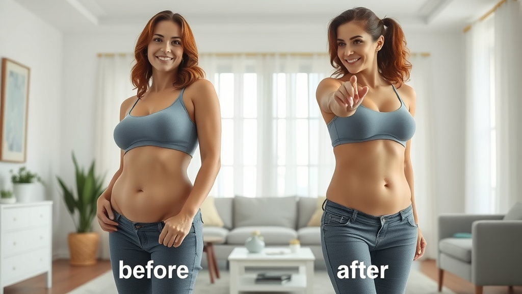 Before and after tummy tuck transformation comparison image.