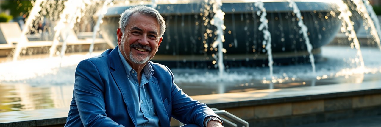 Middle-aged man sitting near a fountain in sunlight.