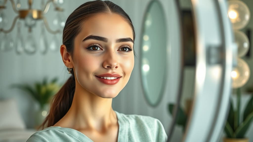 Woman admires result of non surgical aesthetic treatments at skincare clinic