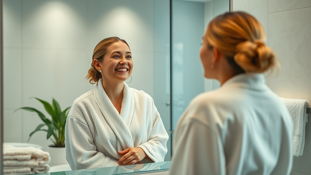 Happy woman admires post mommy makeover surgery results in spa-like bathroom