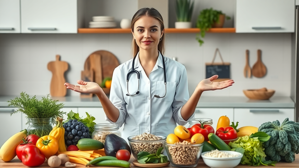Modern dietitian presenting healthy eating food choices in colorful kitchen
