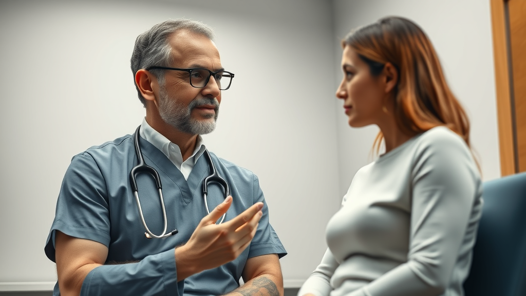 Surgeon consults patient on tummy tuck in tranquil setting.