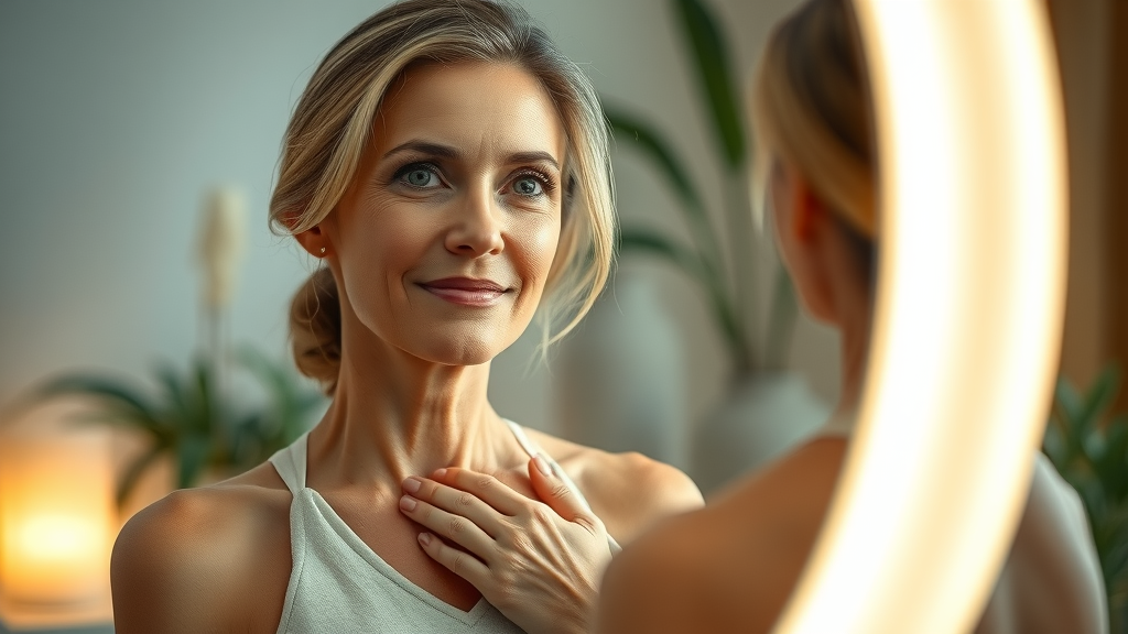 Confident woman admiring reflection after body contouring solutions in a spa.