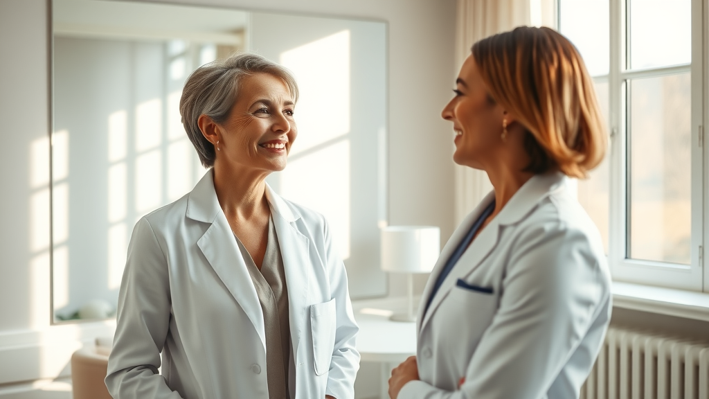 Plastic surgeon discusses youthful results after face neck lift with patient.