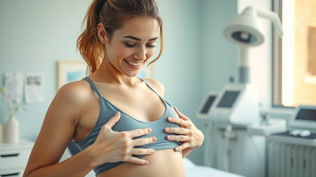 Woman admiring results of body contouring solutions in bright treatment room.