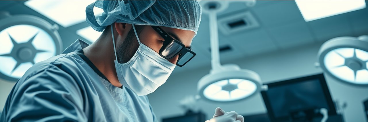 Surgeon performing facial rejuvenation surgery in a sterile, modern operating room.