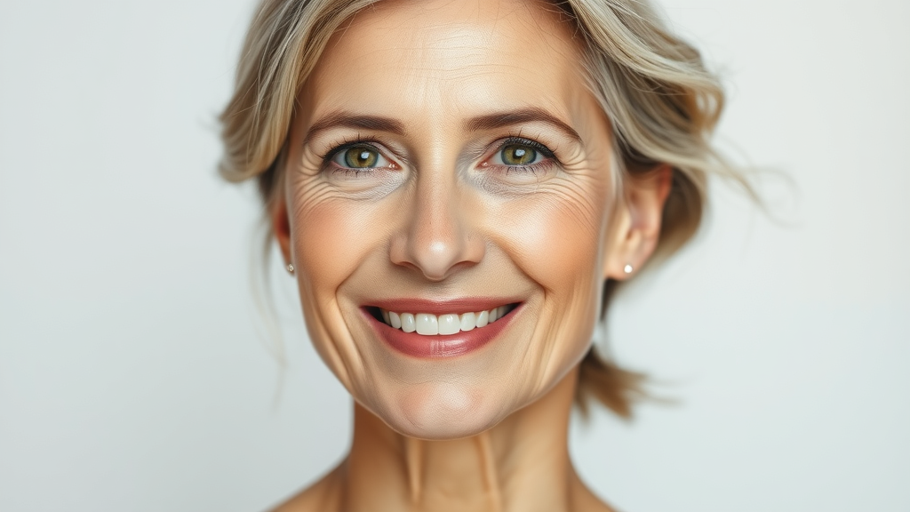 Close-up of smooth face and neck after face neck lift, middle-aged woman smiling.