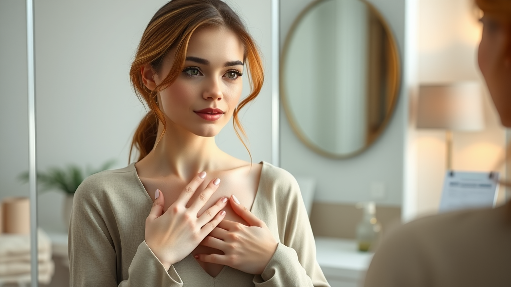 Confident woman considering breast augmentation surgery in a stylish consultation room