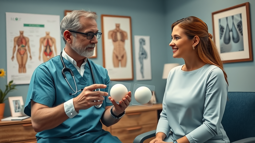 Surgeon discussing breast augmentation options with patient in a private clinic