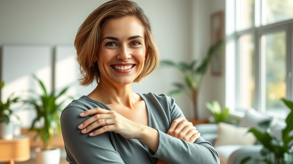Woman radiating self-confidence after breast augmentation in bright clinic lounge.