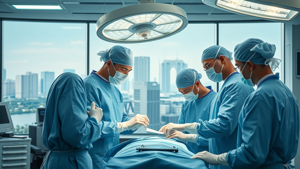Miami breast augmentation surgery team in advanced operating room, focused care.