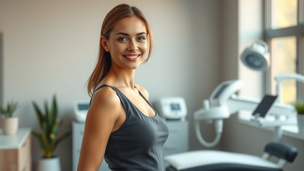 Confident woman after body contouring solutions in modern medspa, smiling.
