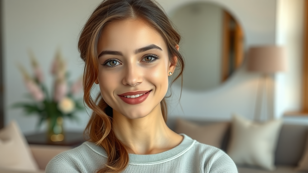 Confident woman enjoying breast augmentation benefits in a serene modern interior.