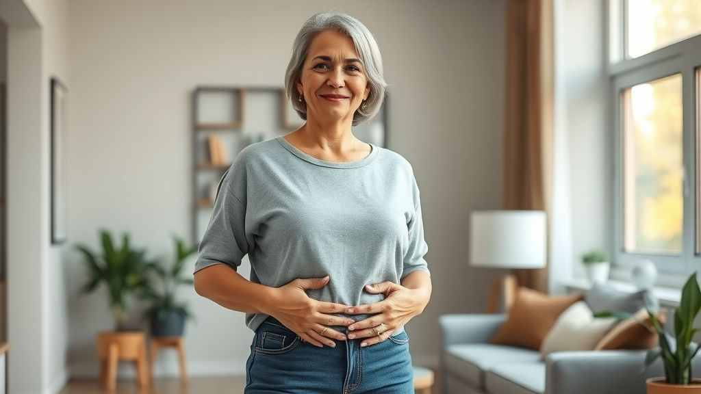 Confident woman after mommy makeover surgery smiling in sunlit modern home