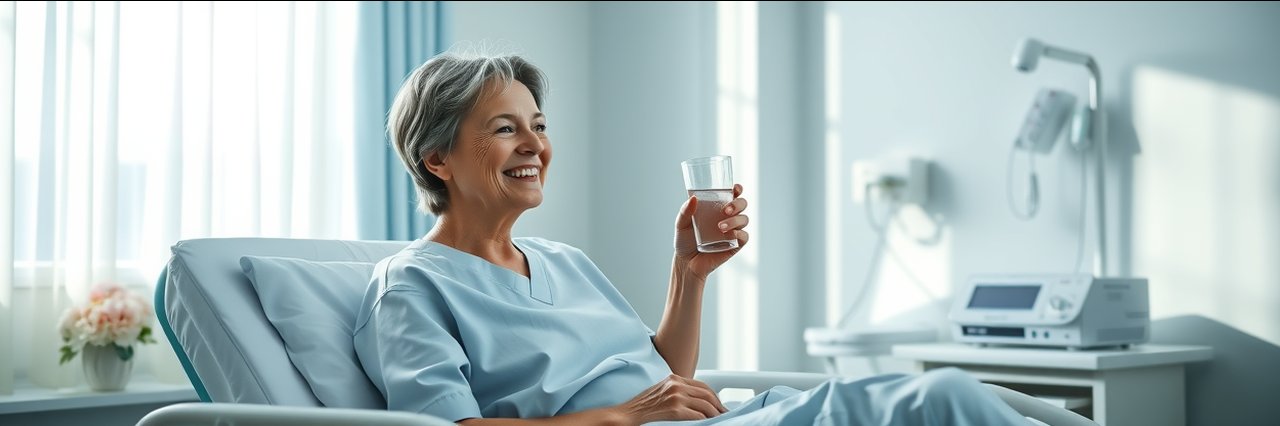 Middle-aged woman in hospital bed following postoperative recovery tips, serene setting