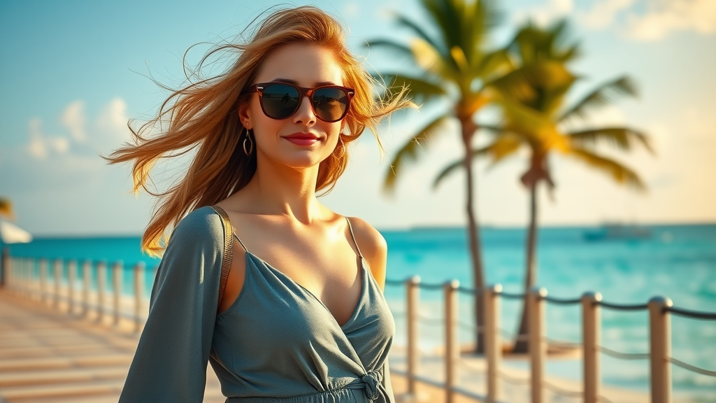Woman enjoying Sarasota beach post breast augmentation, looking confident