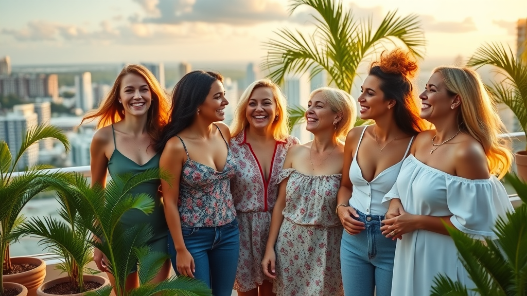 Happy women post breast augmentation in Miami with skyline view and support.