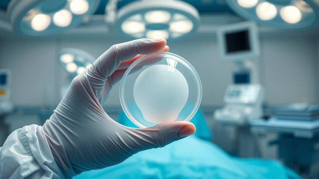 Surgeon holding implant in breast augmentation surgery in modern surgical suite