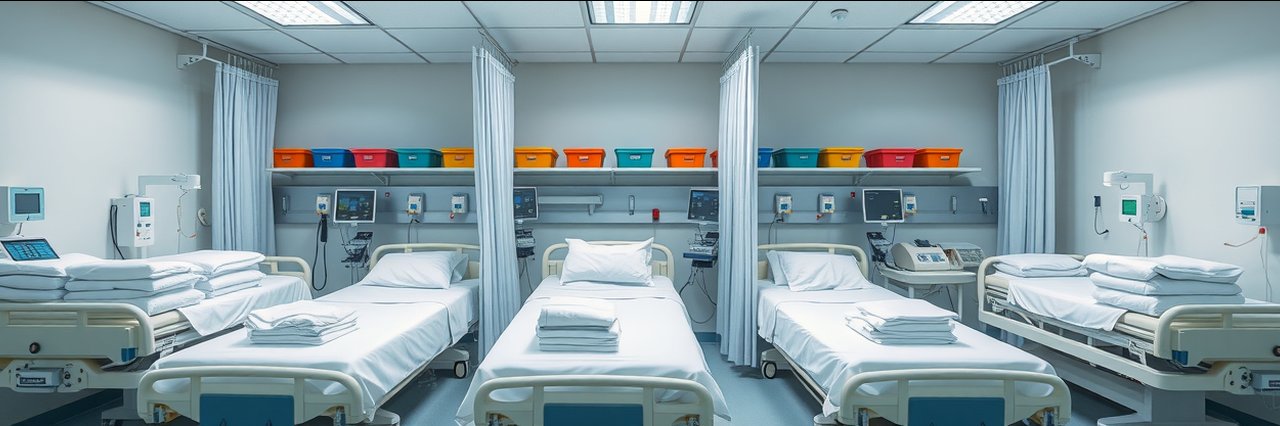 Modern recovery room with three beds showcasing body contouring solutions in a hospital setting.