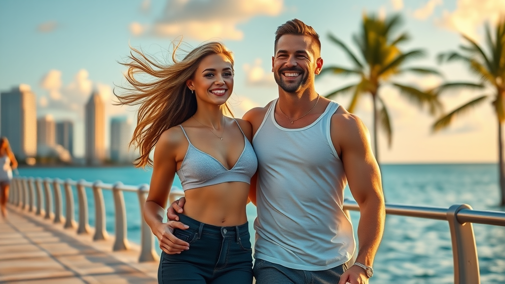 Confident couple with body contouring combos on Miami waterfront