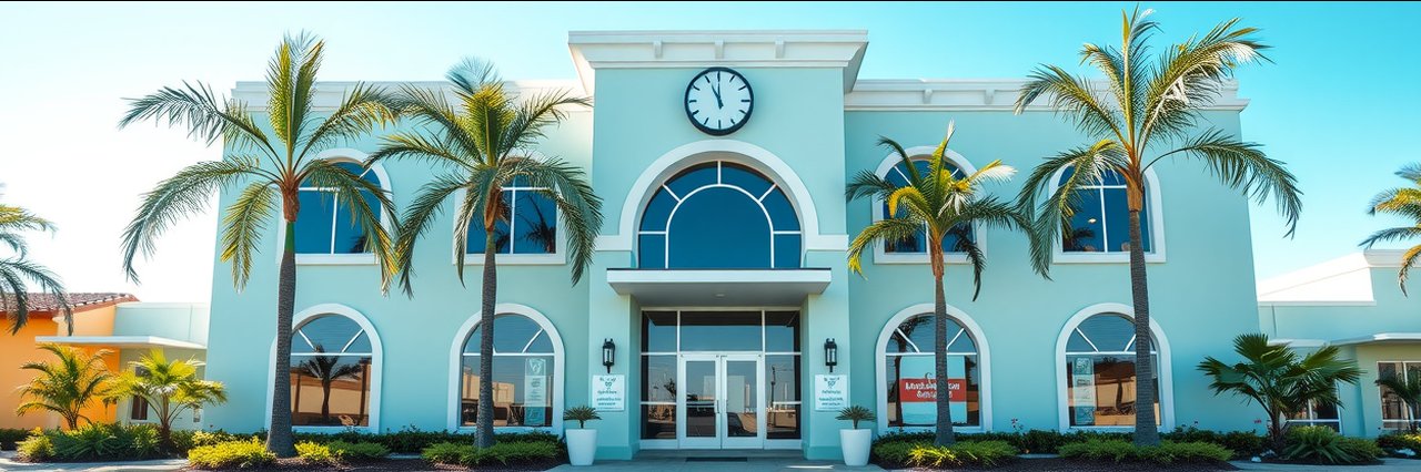Breast augmentation surgery clinic exterior with clock tower and palm trees