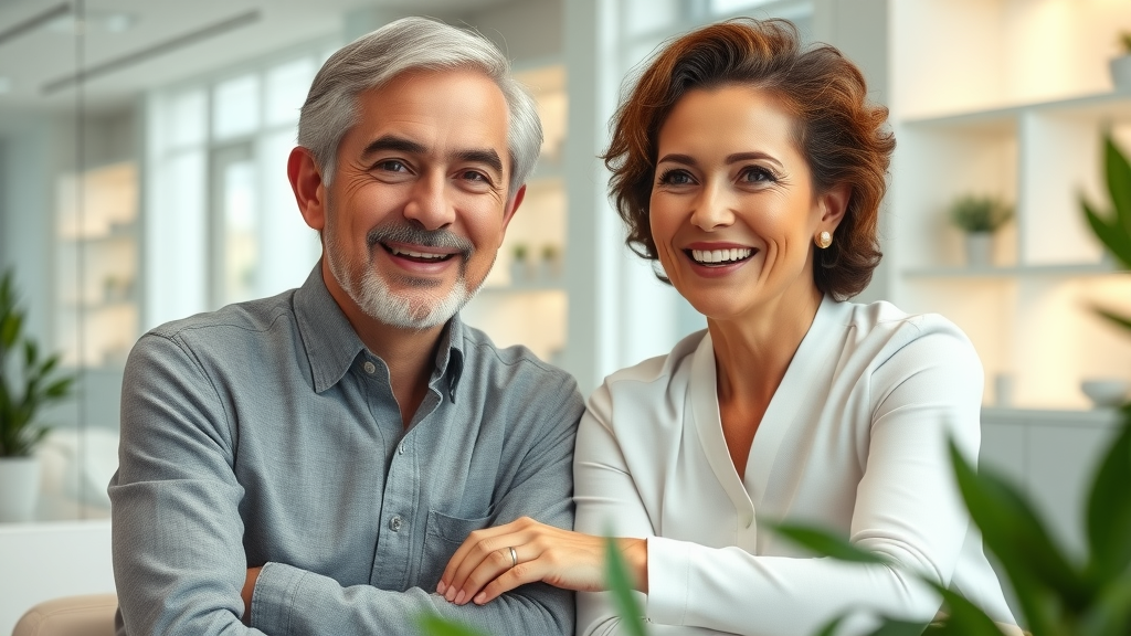 Happy mature couple at spa consult for non surgical skin treatments