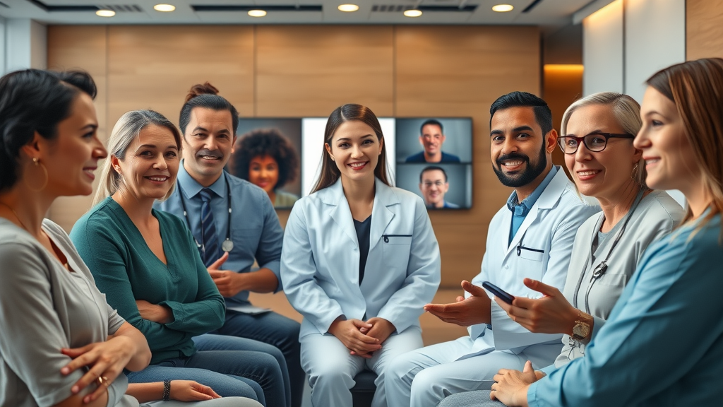 Diverse virtual meeting exploring cosmetic surgery options.