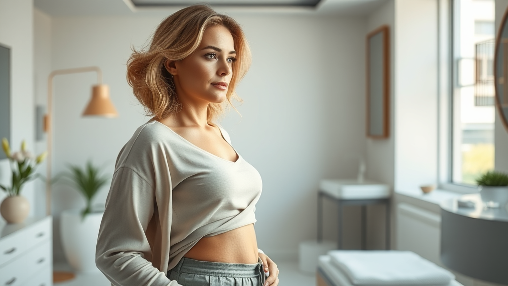 Elegant woman relaxed post-tummy tuck in modern clinic.