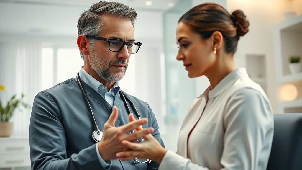 Plastic surgeon discussing body contouring solutions with patient in clinic.