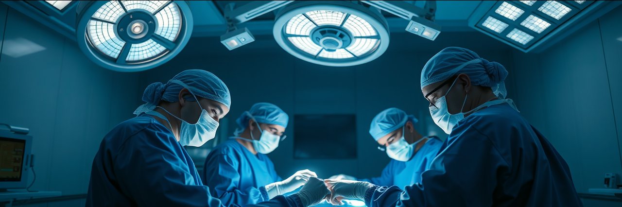 Surgeons performing procedure under bright lights, modern setting, non surgical skin treatments