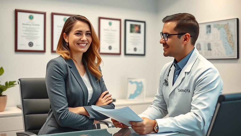 Patient consulting expert about breast augmentation Sarasota at clinic