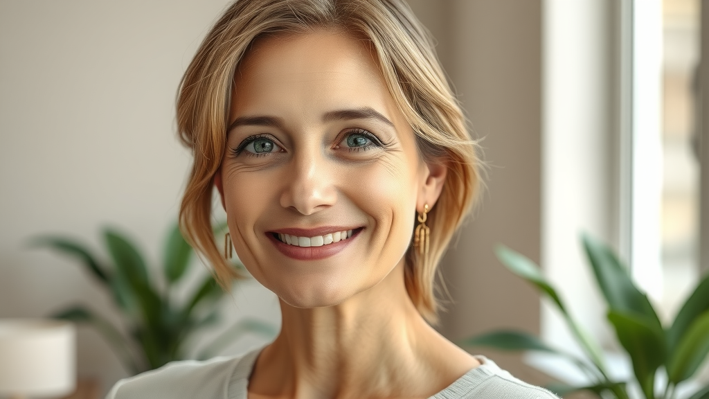 Radiant middle-aged woman with smooth face neck lift results in serene clinic.