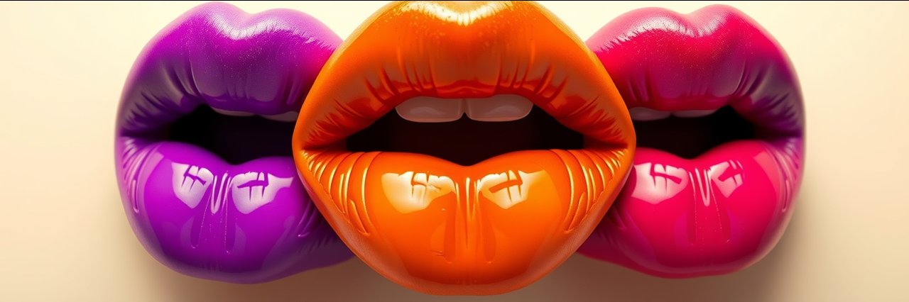 Vibrant closeup of glossy lips in six colors in a grid, focus on face neck lift aesthetics.