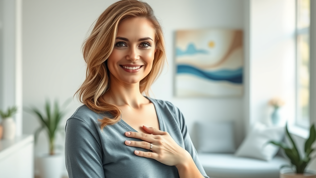Confident woman in Sarasota clinic after breast augmentation, smiling gently