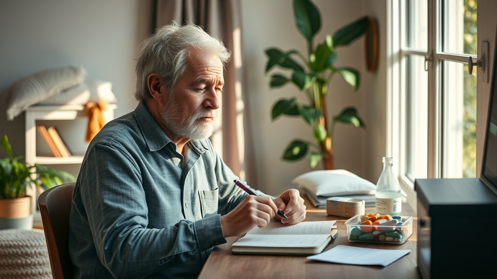 Man tracking healing steps at home using postoperative recovery tips