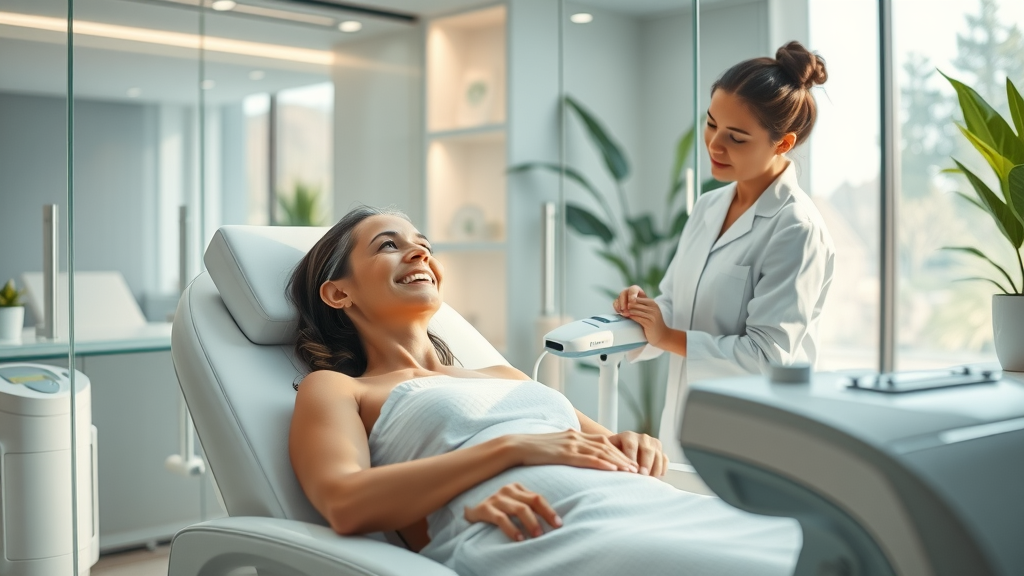 Confident woman receiving advanced medspa treatment with modern equipment.