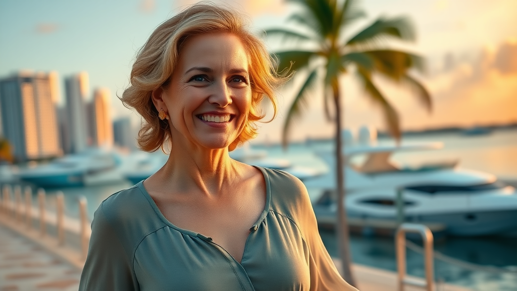 Mature woman enjoying Miami after facial rejuvenation procedures with natural beauty.