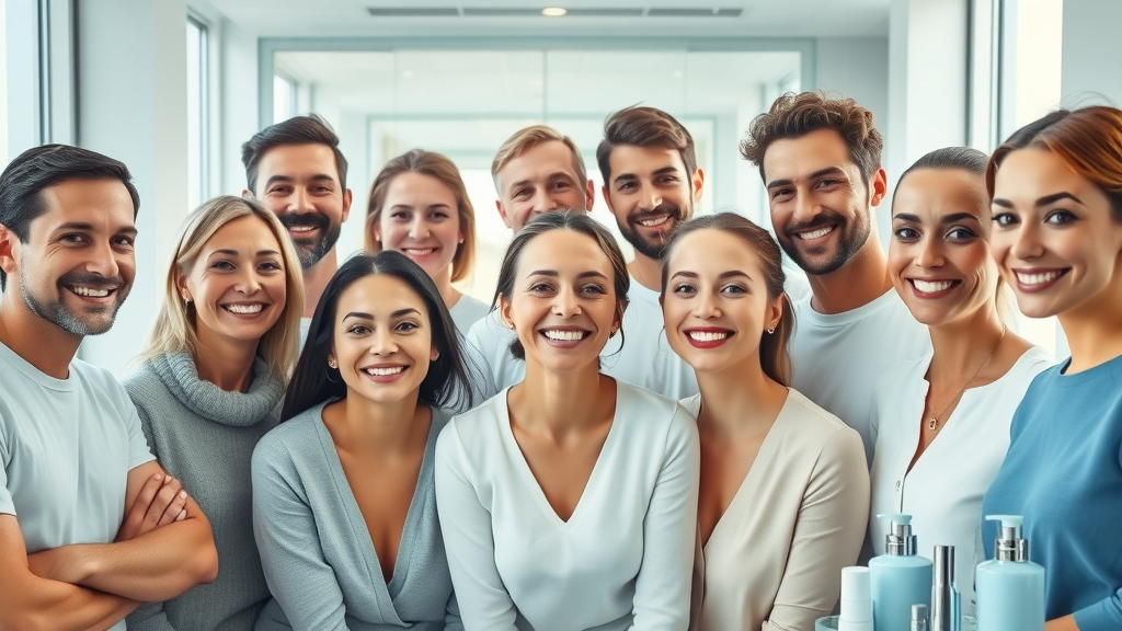 Happy adults with fresh skin at clinic highlight non-surgical injectables benefits