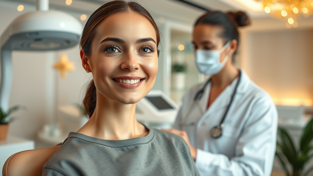 Modern medspa consultation scene with advanced technology and radiant client.