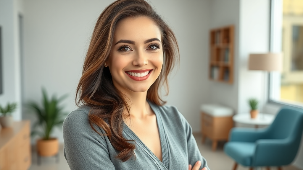 Modern consultation room with confident woman exploring breast augmentation options