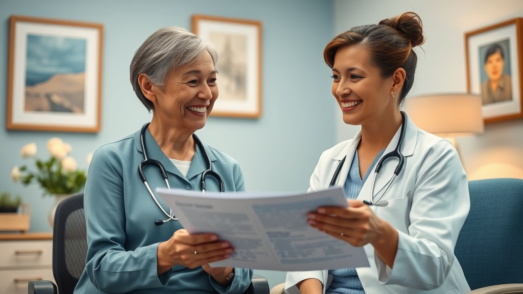 Patient and doctor discussing breast augmentation benefits in a warm, empowering clinic.