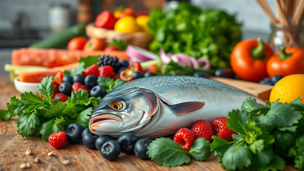 Healthy eating foods: oily fish, berries, leafy greens on rustic table