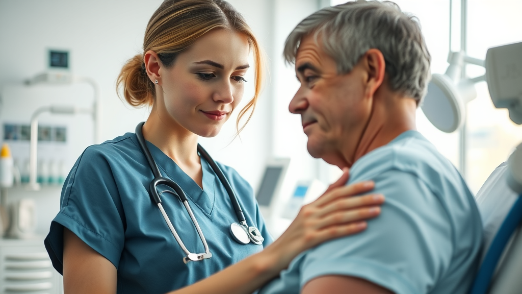 Nurse supports patient with postoperative recovery tips in hospital setting