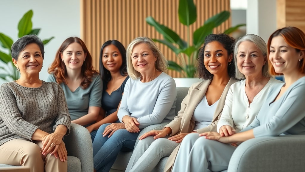 Diverse women considering personalized breast augmentation options in clinic lounge