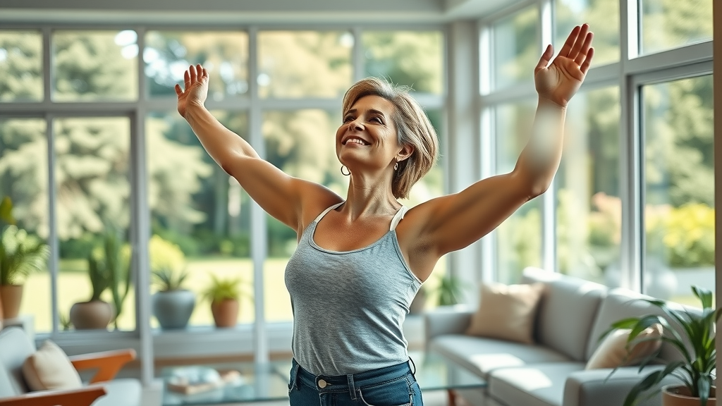 Woman feeling confident after body contouring solutions, stretching by window.