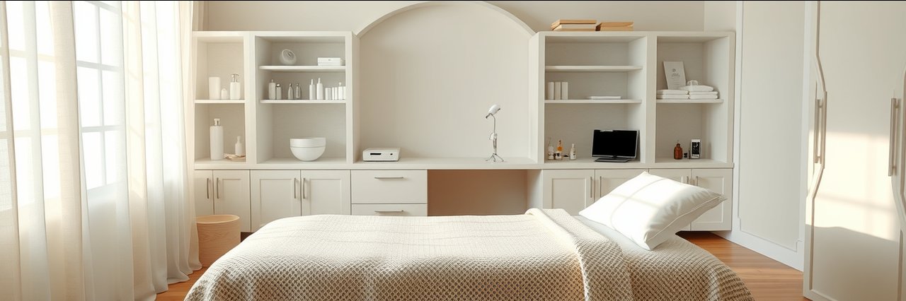 Modern skincare treatment room for personalized skincare solutions, tranquil ambiance.