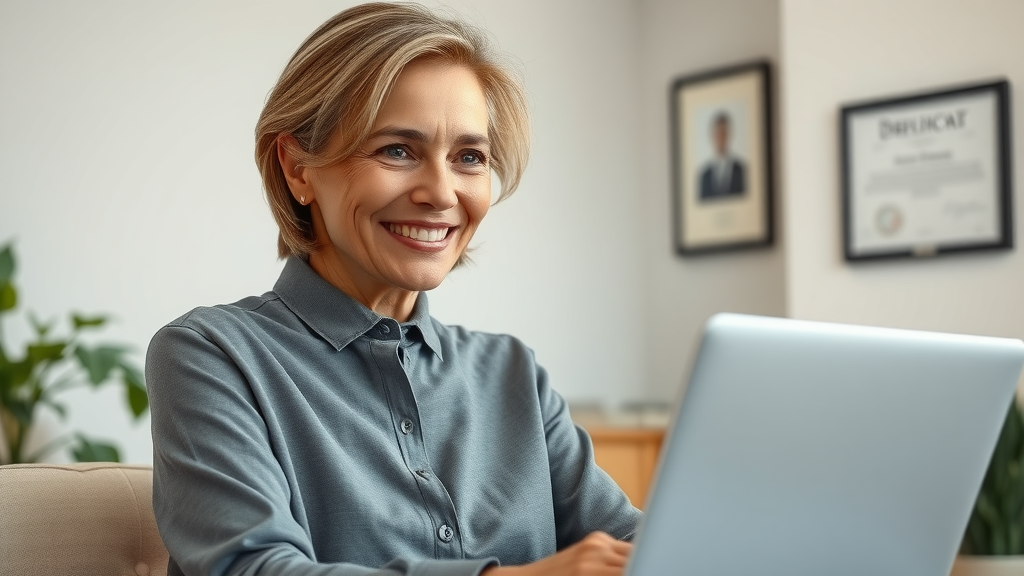 Confident woman using plastic surgery telehealth for virtual consult at home.