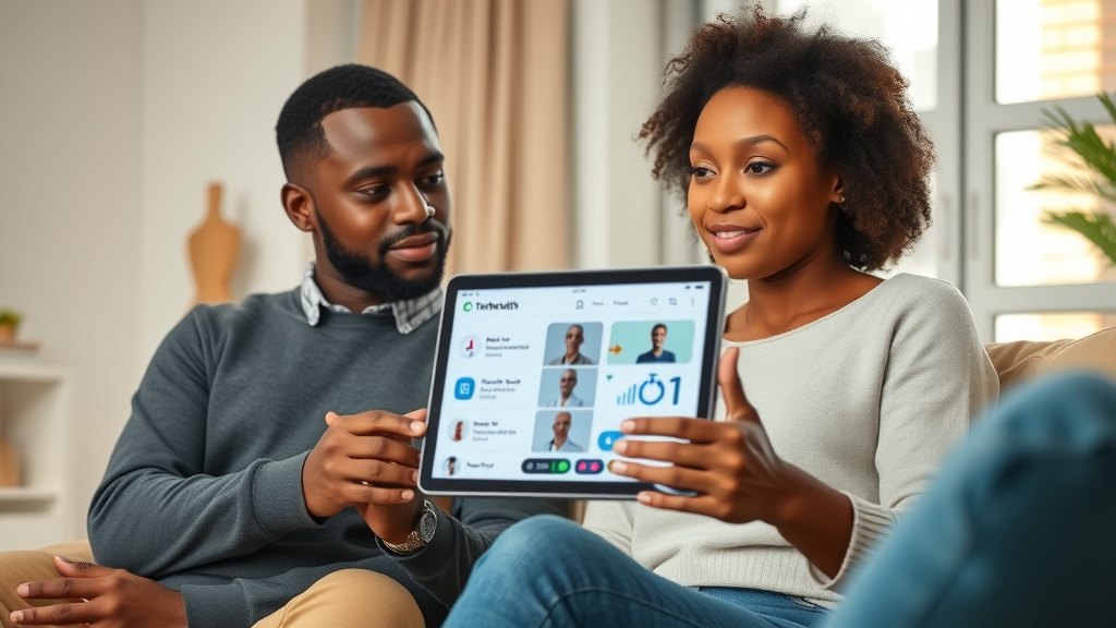Couple exploring plastic surgery telehealth options via virtual consultation at home.